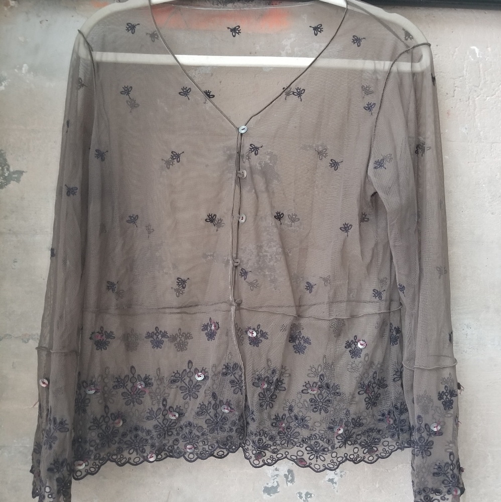 Sheer Embroidered Long sleeved top, small